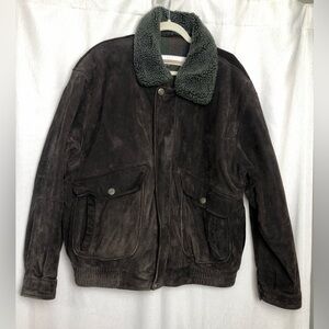 Perry Ellis Mens Brown Suede Leather Bomber Jacket XL Sherpa Collar Plaid Lined
